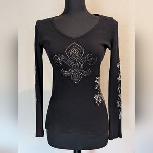 Sledge USA Black Rhinestone Embellished Fleur De Lis Long Sleeve Top Size Medium